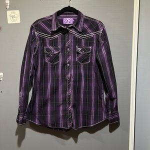 L Cowgirl Hardware Plaid Purple Button Down Western shirt